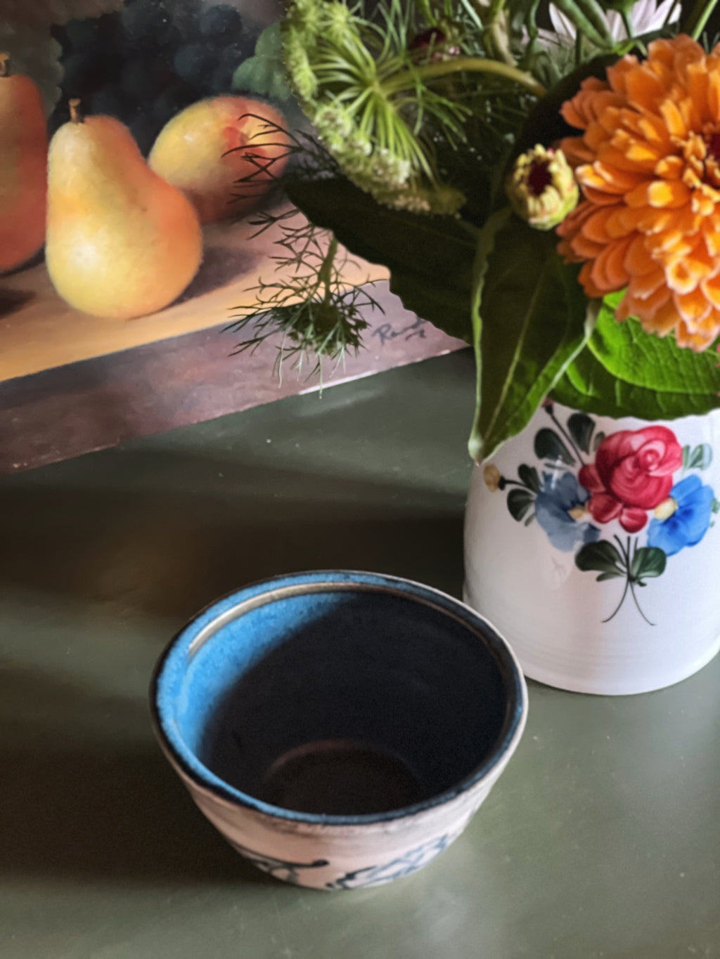 overhead view of a Handmade Blue Floral Pottery Bowl