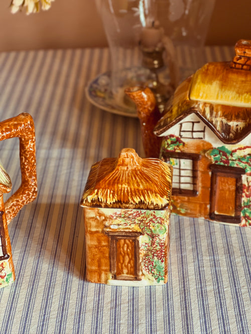 Vintage Price Bros Ye Olde Cottage covered sugar bowl with lid featuring a hand-painted English cottage design