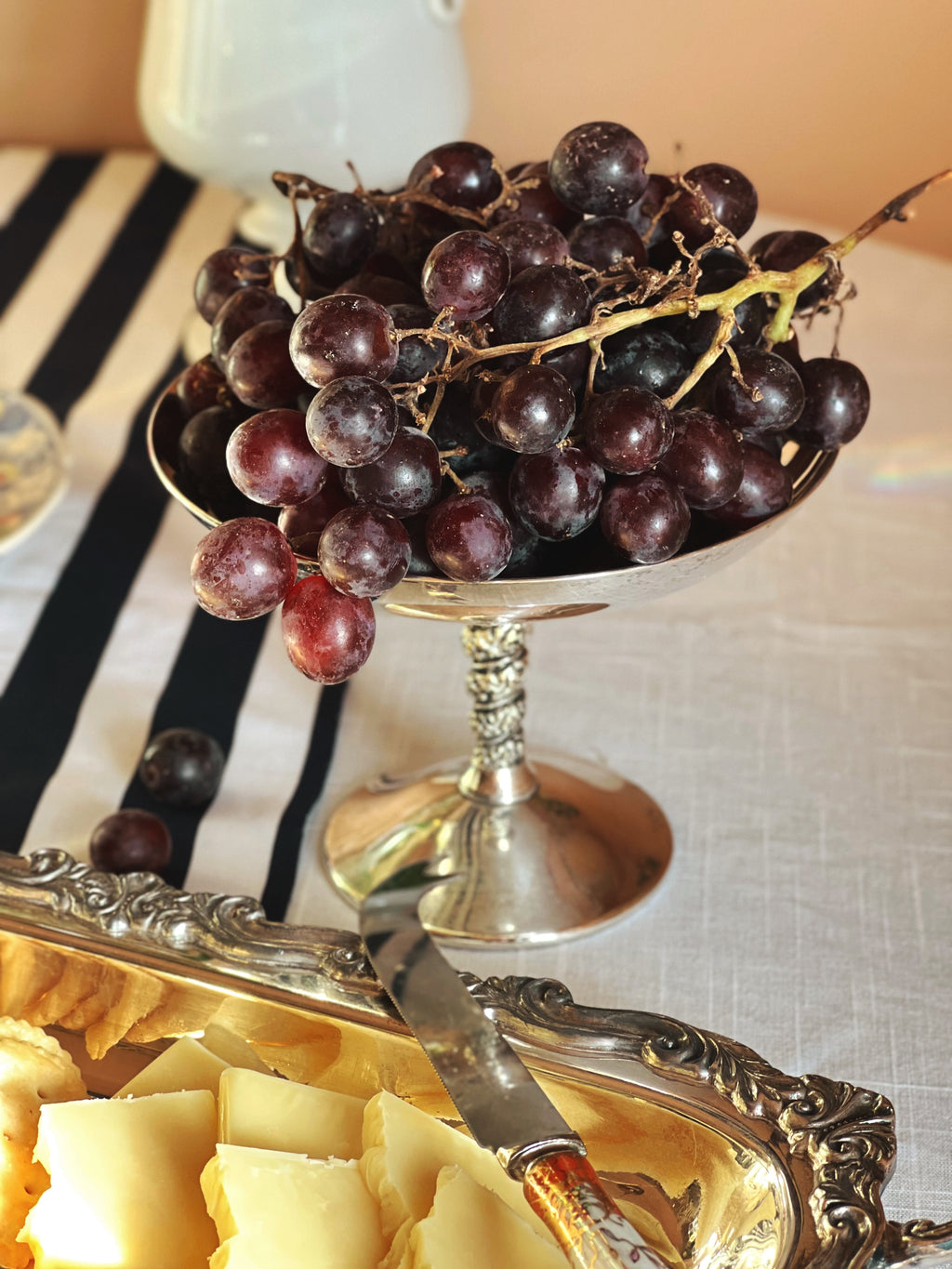 Vintage Valero Spain Silver Compote Coupe filled with grapes
