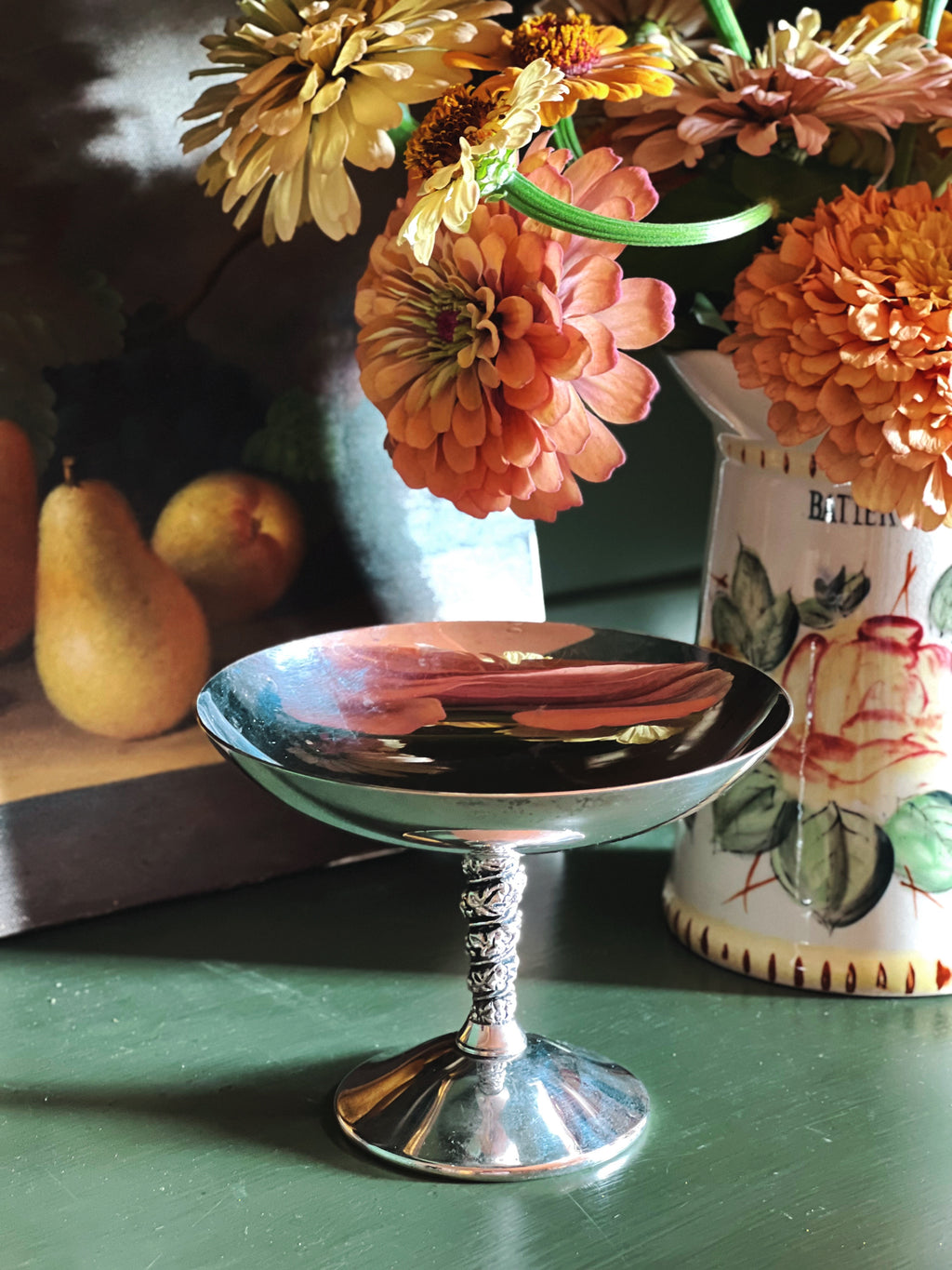 Vintage Valero Spain Silver Compote Coupe Pedestal Serving Bowl by a flower arrangement