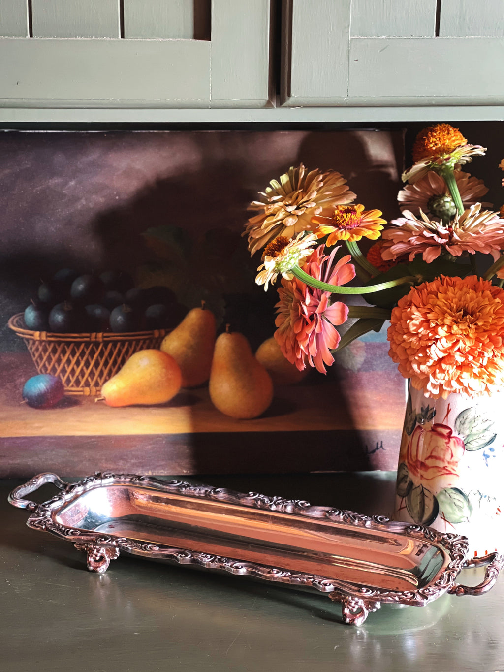 Vintage Ornate Footed Silver Serving Tray | Silver Vanity Tray on a shelf with flowers