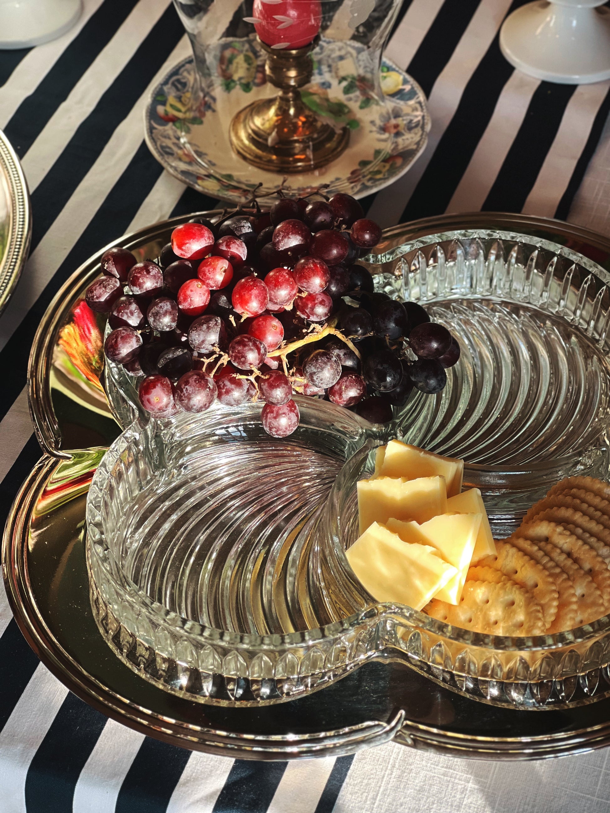 overhead view of a Vintage Godinger Contour Silver Plate Relish Tray with Removable Cut Glass Insert