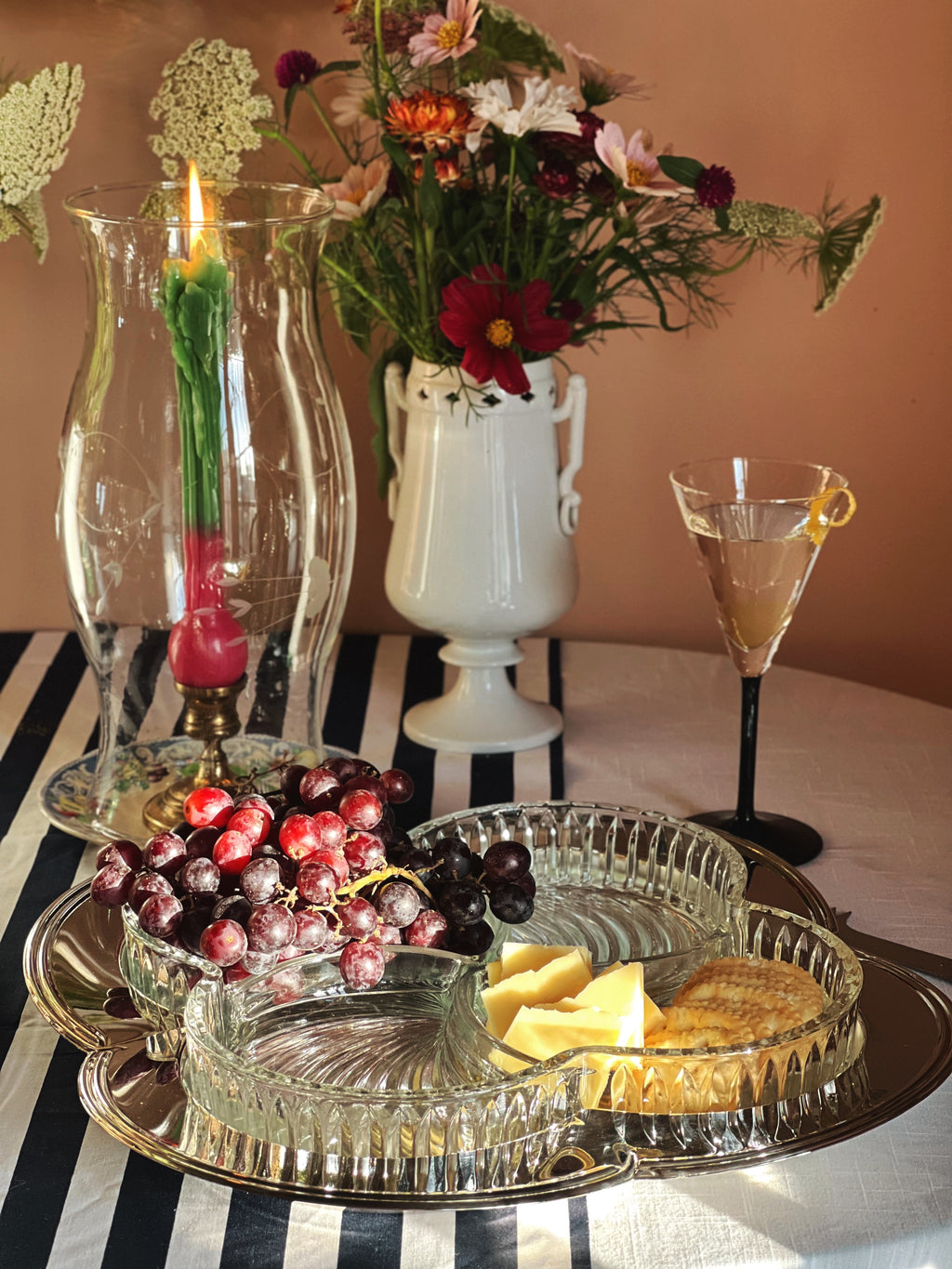 Vintage Godinger Contour Silver Plate Relish Tray with Removable Cut Glass Insert styled with grapes, cheese and crackers on a table set for entertaining