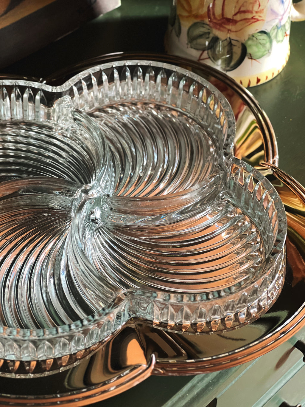 close up of a Vintage Godinger Contour Silver Plate Relish Tray with Removable Cut Glass Insert