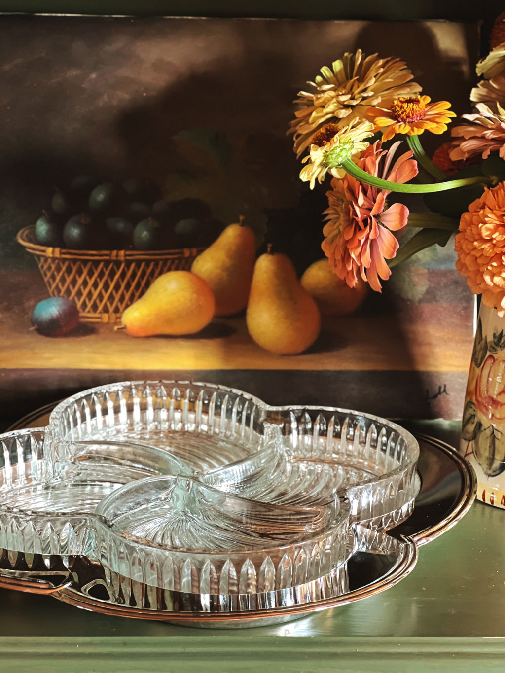 side view of a Vintage Godinger Contour Silver Plate Relish Tray with Removable Cut Glass Insert