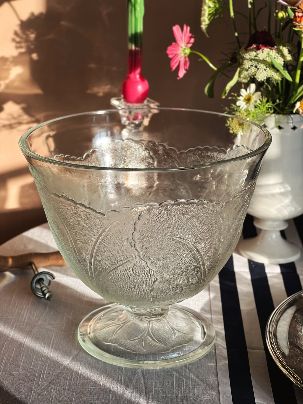 Vintage Glass Cabbage Leaf Pedestal Bowl 