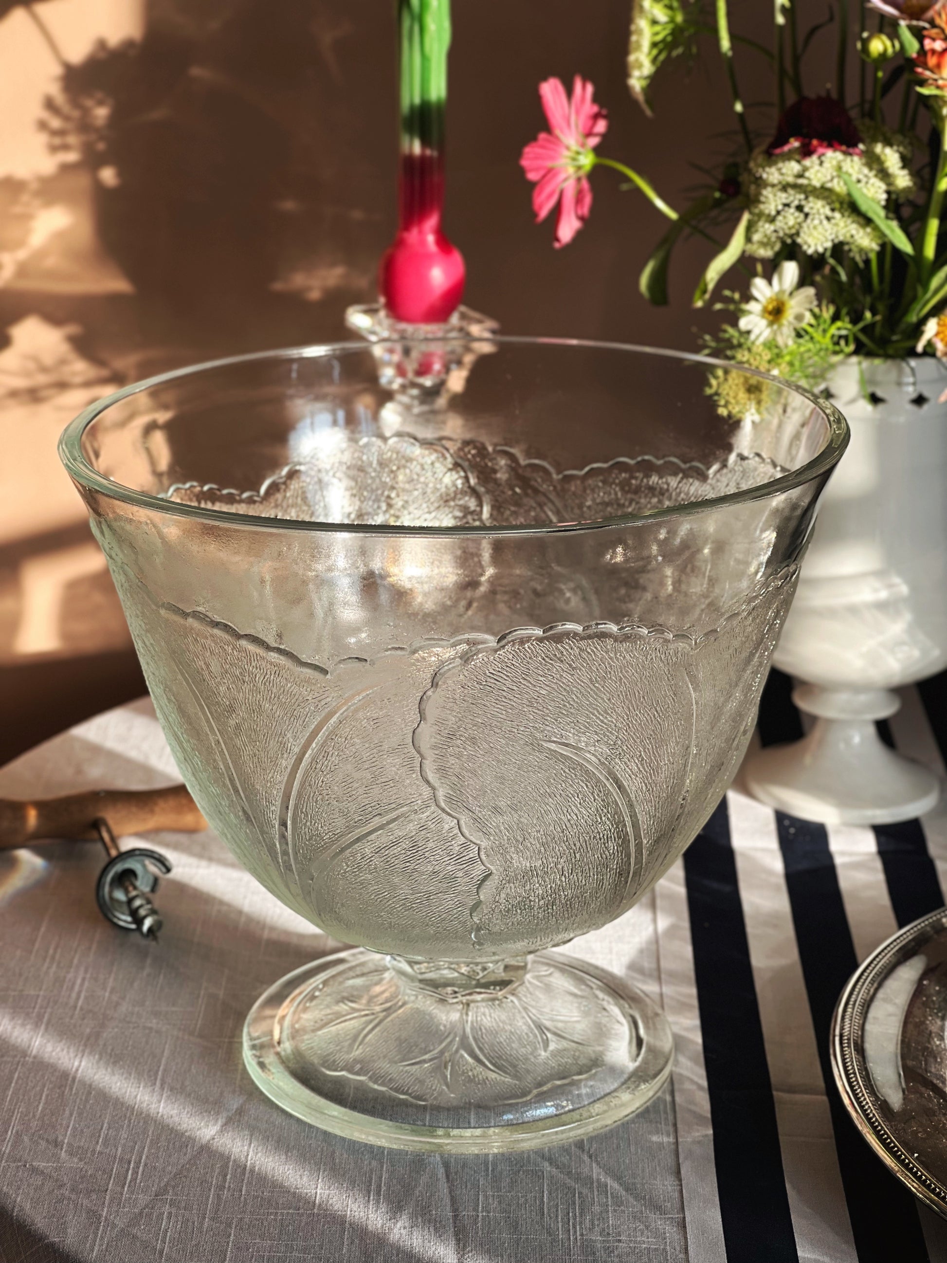 Vintage Glass Cabbage Leaf Pedestal Bowl 