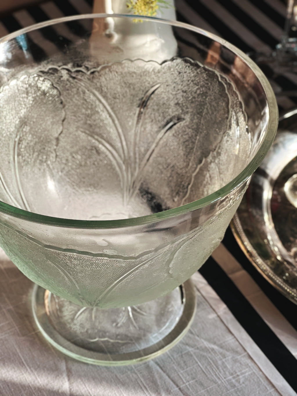 overhead view of a Vintage Glass Cabbage Leaf Pedestal Bowl 