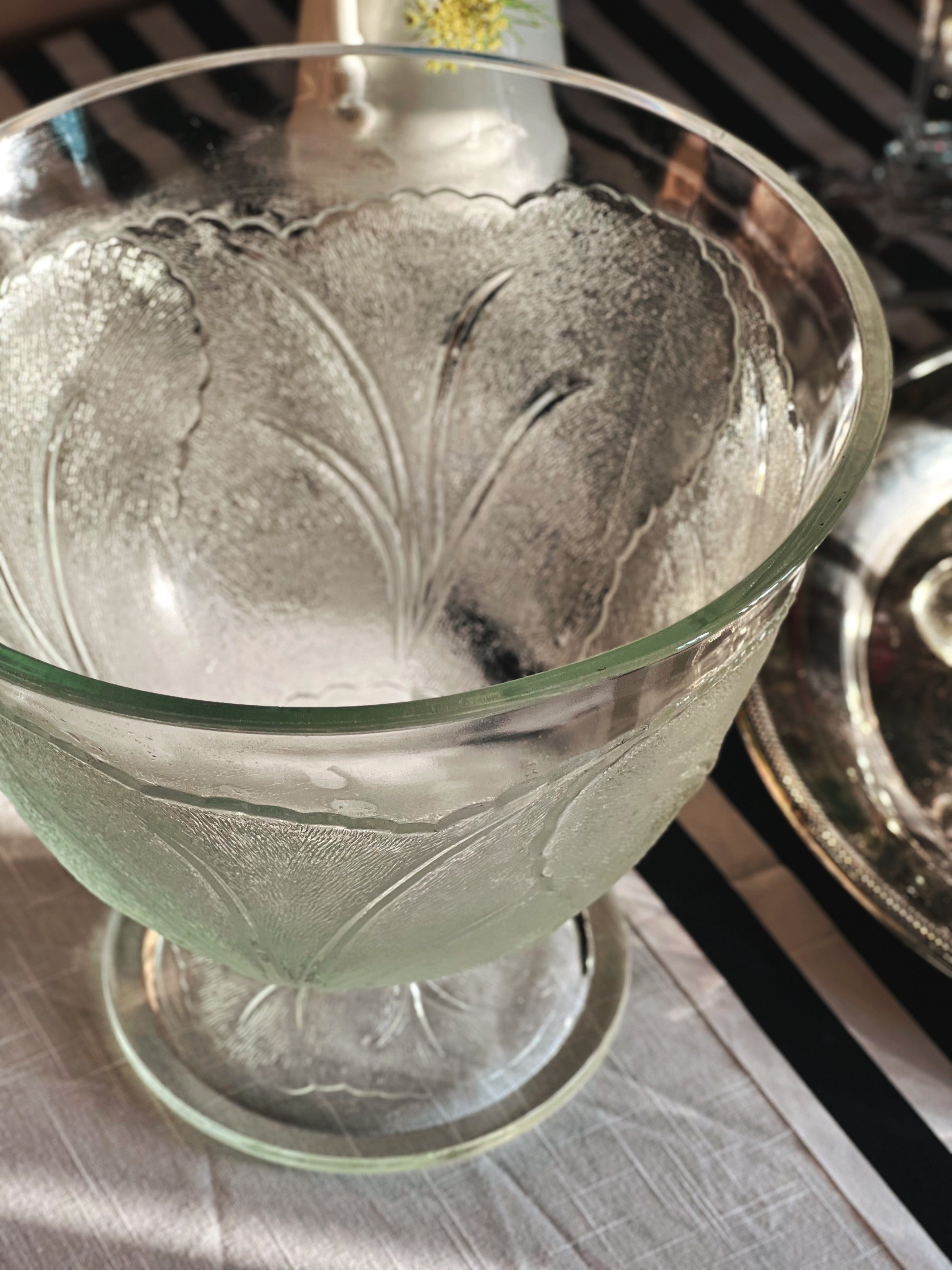 overhead view of a Vintage Glass Cabbage Leaf Pedestal Bowl 