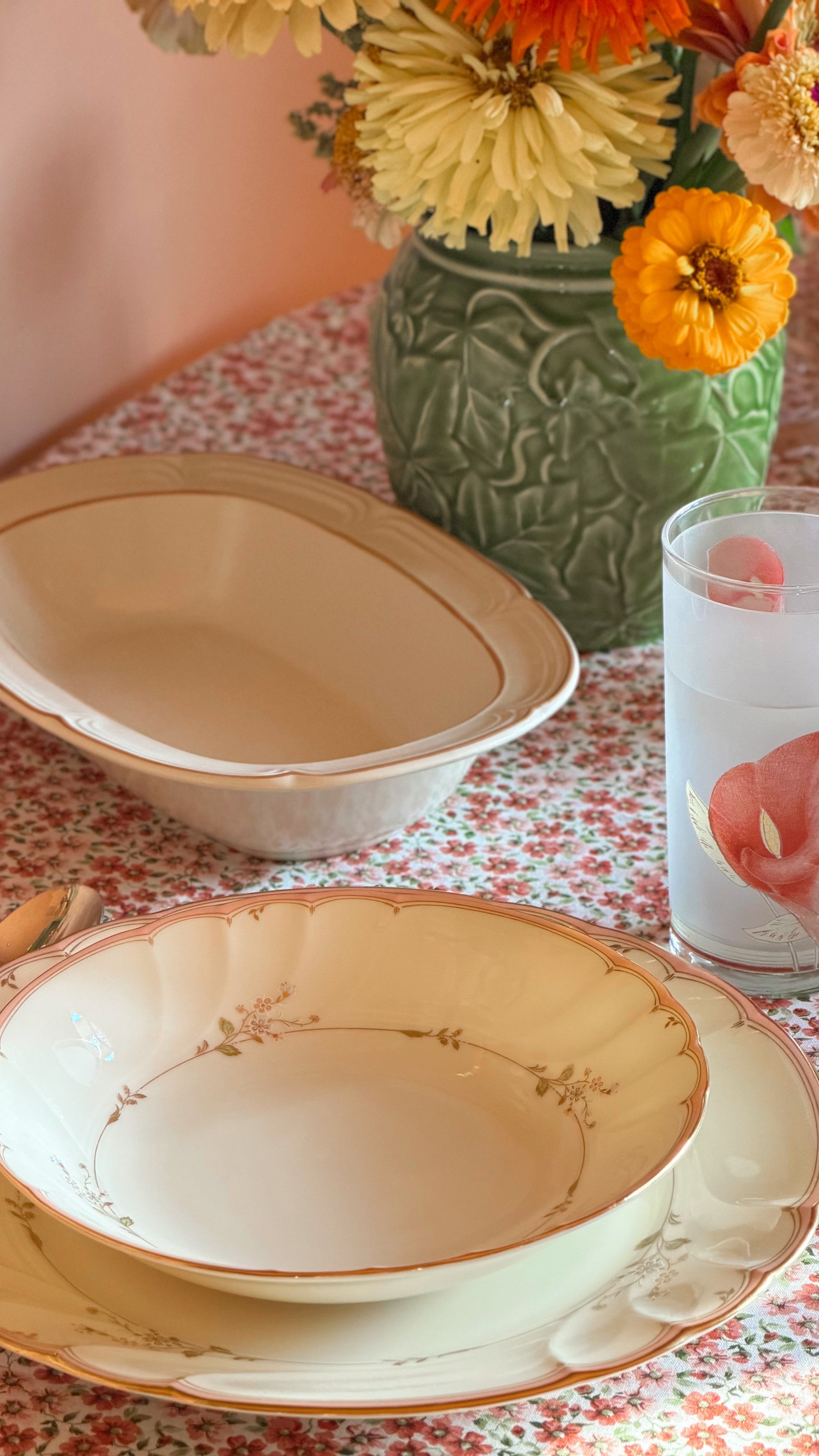 Vintage Covington Edition Idlewild Oval Vegetable Bowl set on a cozy cottage table