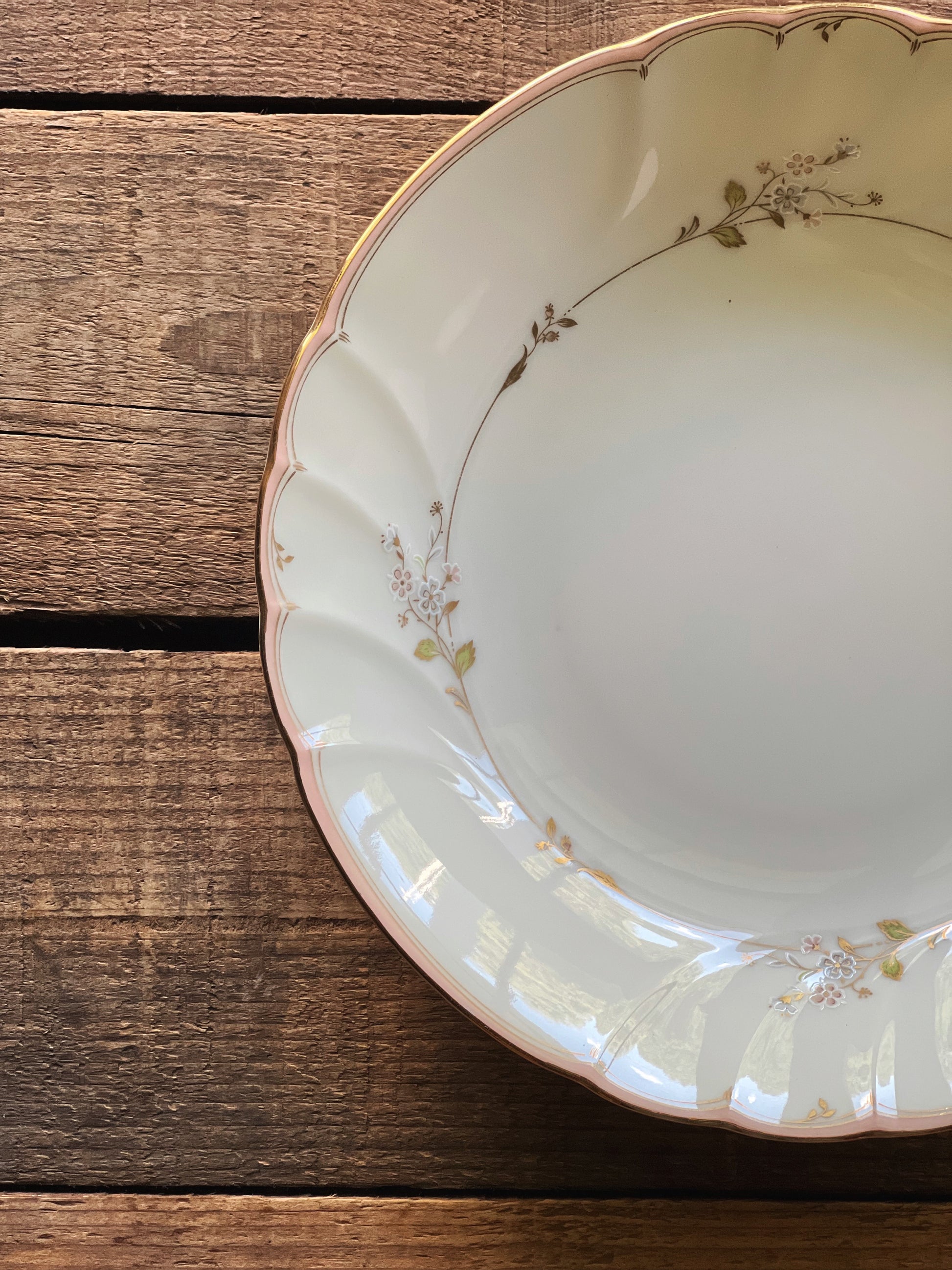 Vintage Mikasa Monticello coupe soup bowl made in Japan with a delicate pink floral border and gold trim. 