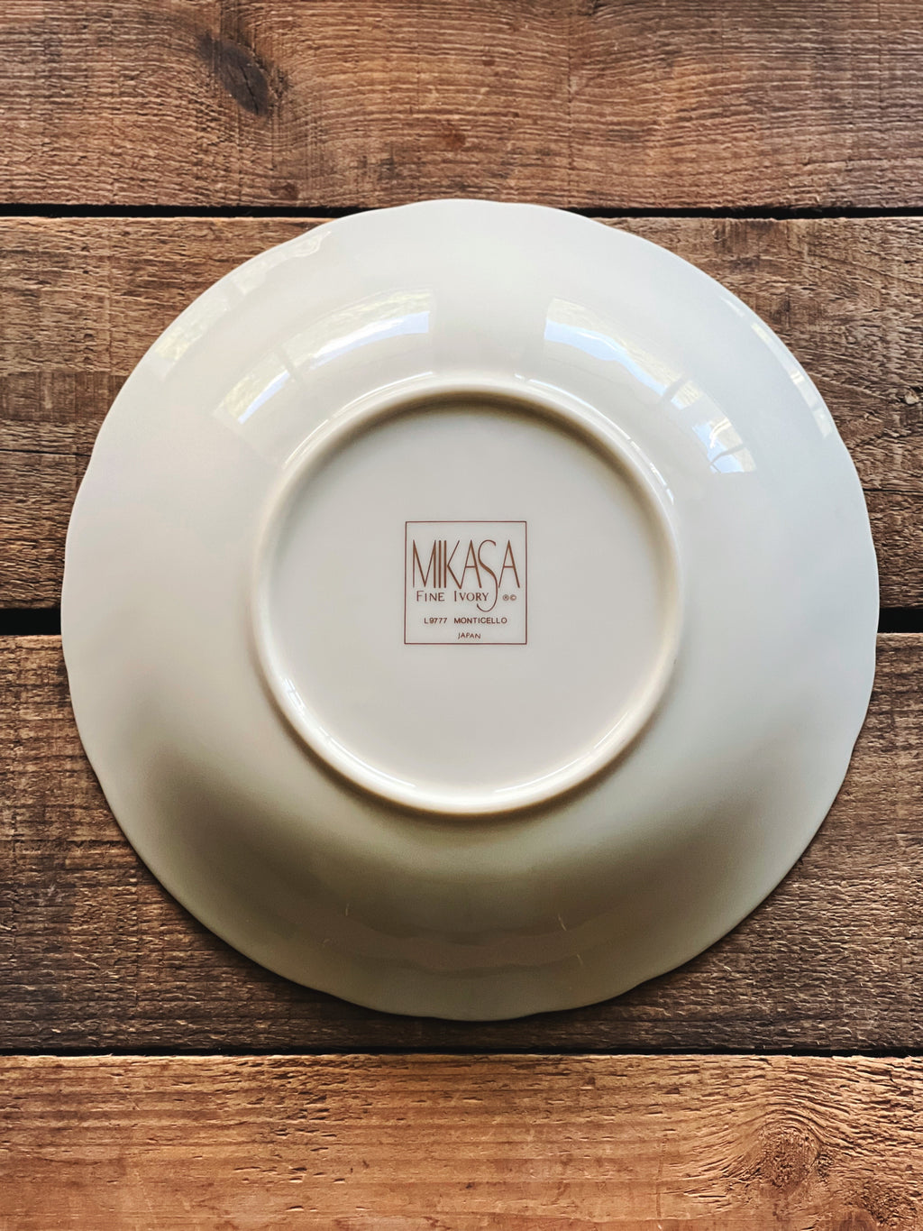 underside of a Vintage Mikasa Monticello coupe soup bowl made in Japan 