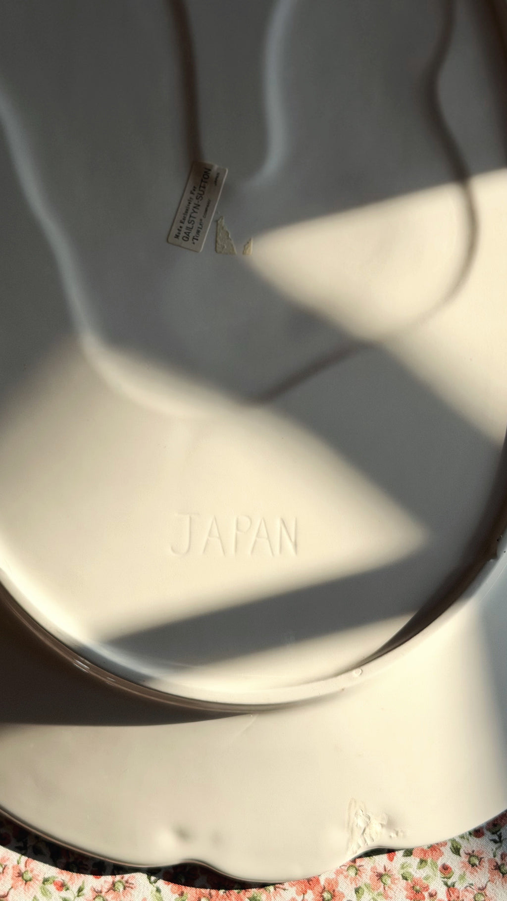 A close-up of a white ceramic platter with the word 'JAPAN' embossed in the center, photographed in direct sunlight with strong shadows.