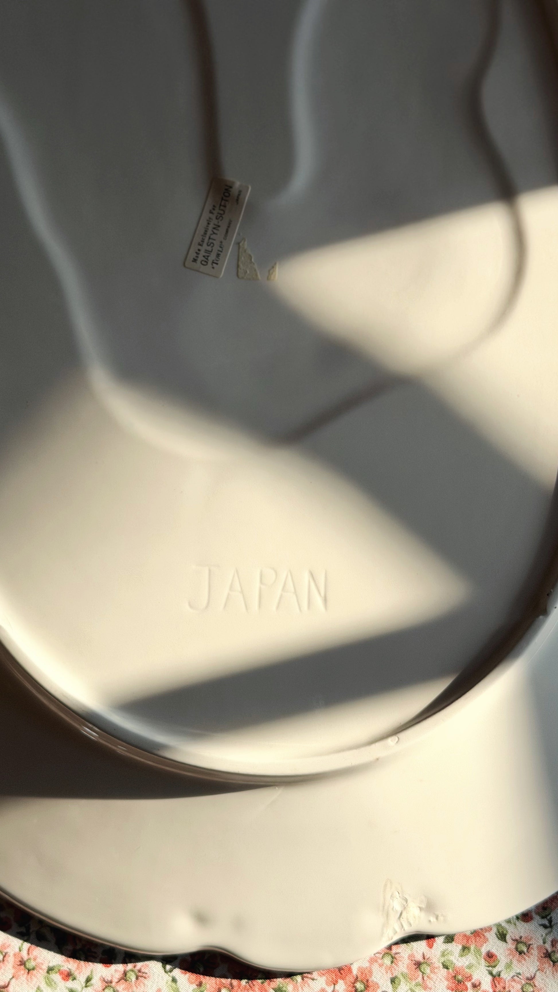 A close-up of a white ceramic platter with the word 'JAPAN' embossed in the center, photographed in direct sunlight with strong shadows.