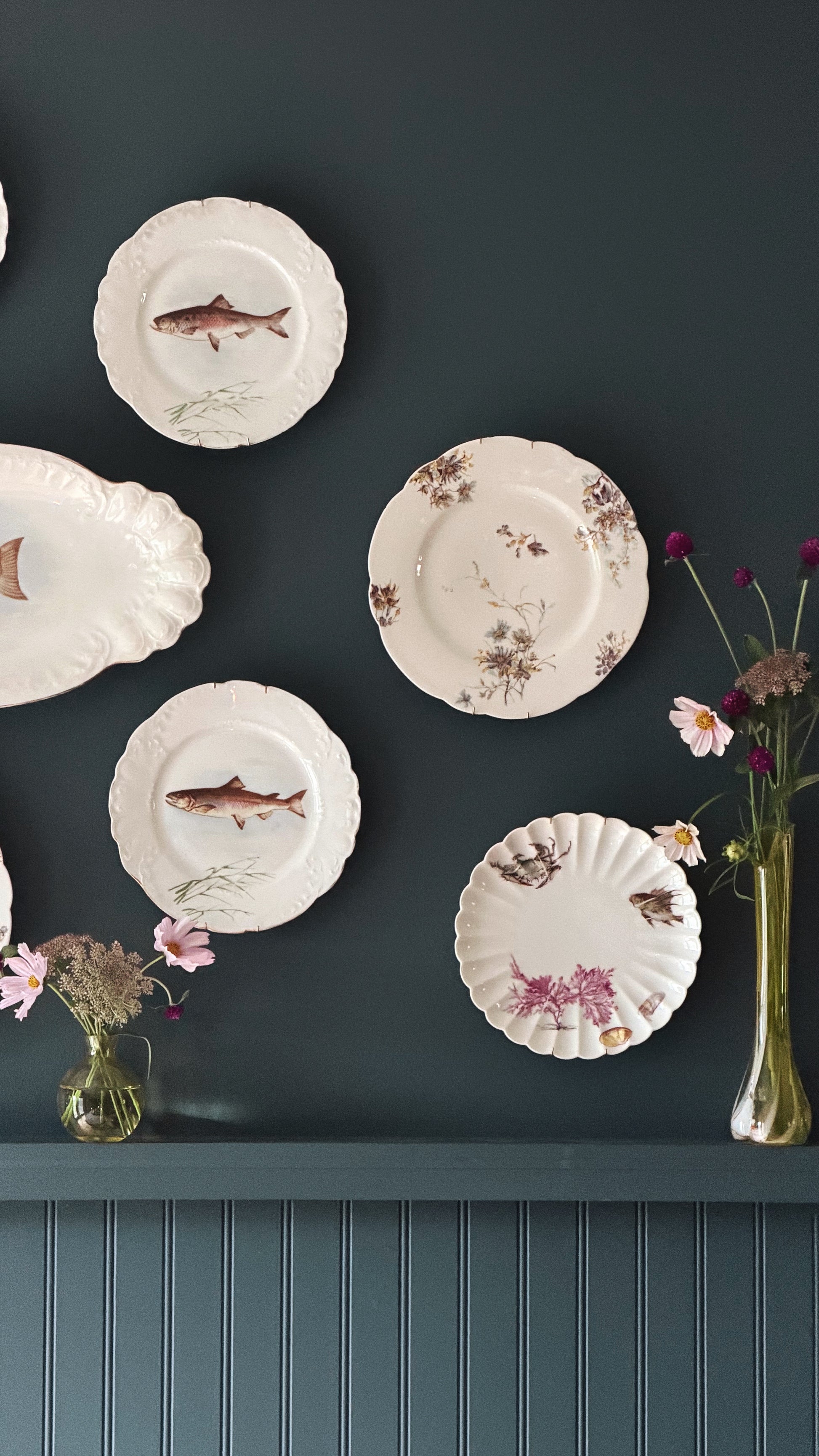 A styled collection of white ceramic plates with scalloped edges, featuring illustrations of fish, flowers, and botanical patterns, displayed on a dark teal wall above a matching mantel with floral arrangements.