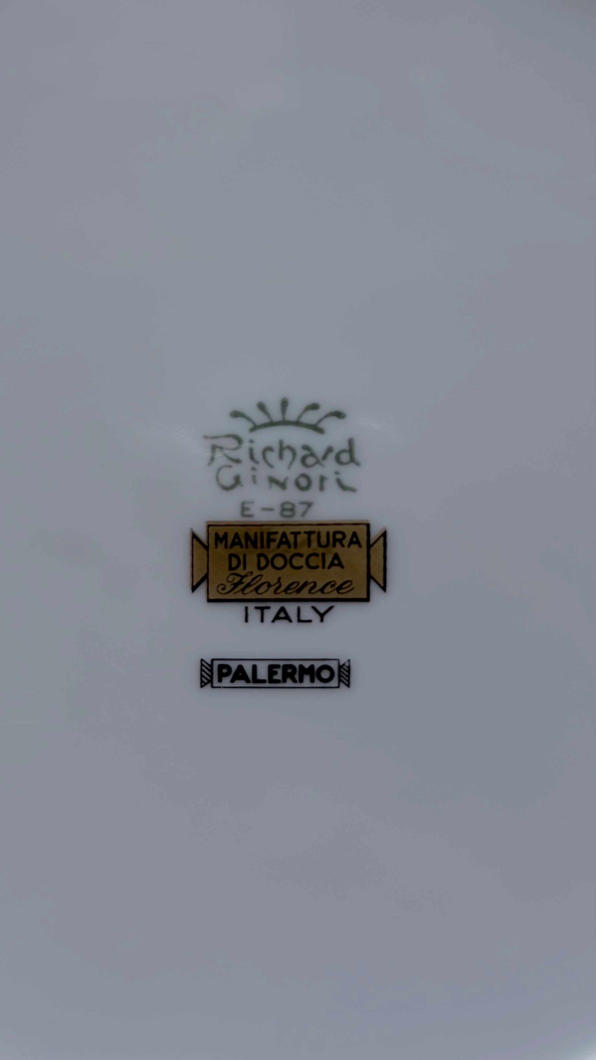 A close-up of a white ceramic surface featuring printed Italian maker marks, including Richard Ginori, E-87, Manifattura di Doccia Firenze, ITALY, and PALERMO.