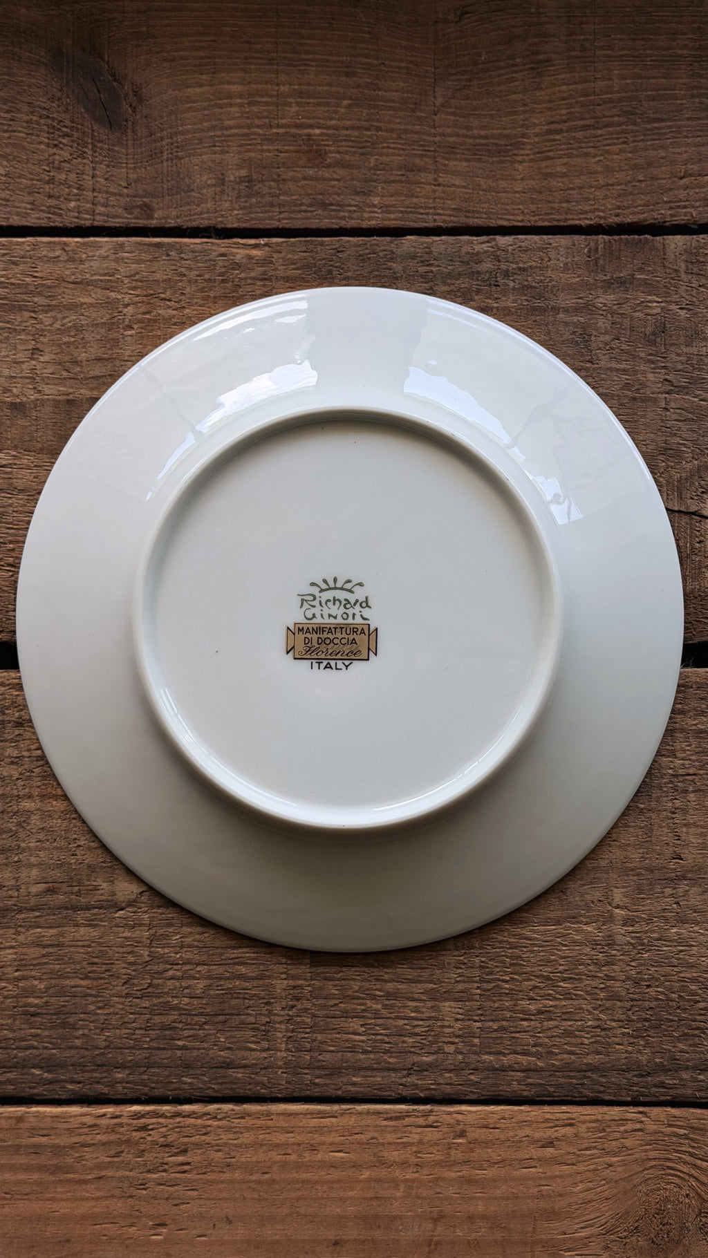 The back of a title: Vintage Richard Ginori Palermo Blue Bread & Butter Plate with a small vintage logo in the center, displayed on a rustic dark brown wooden surface.