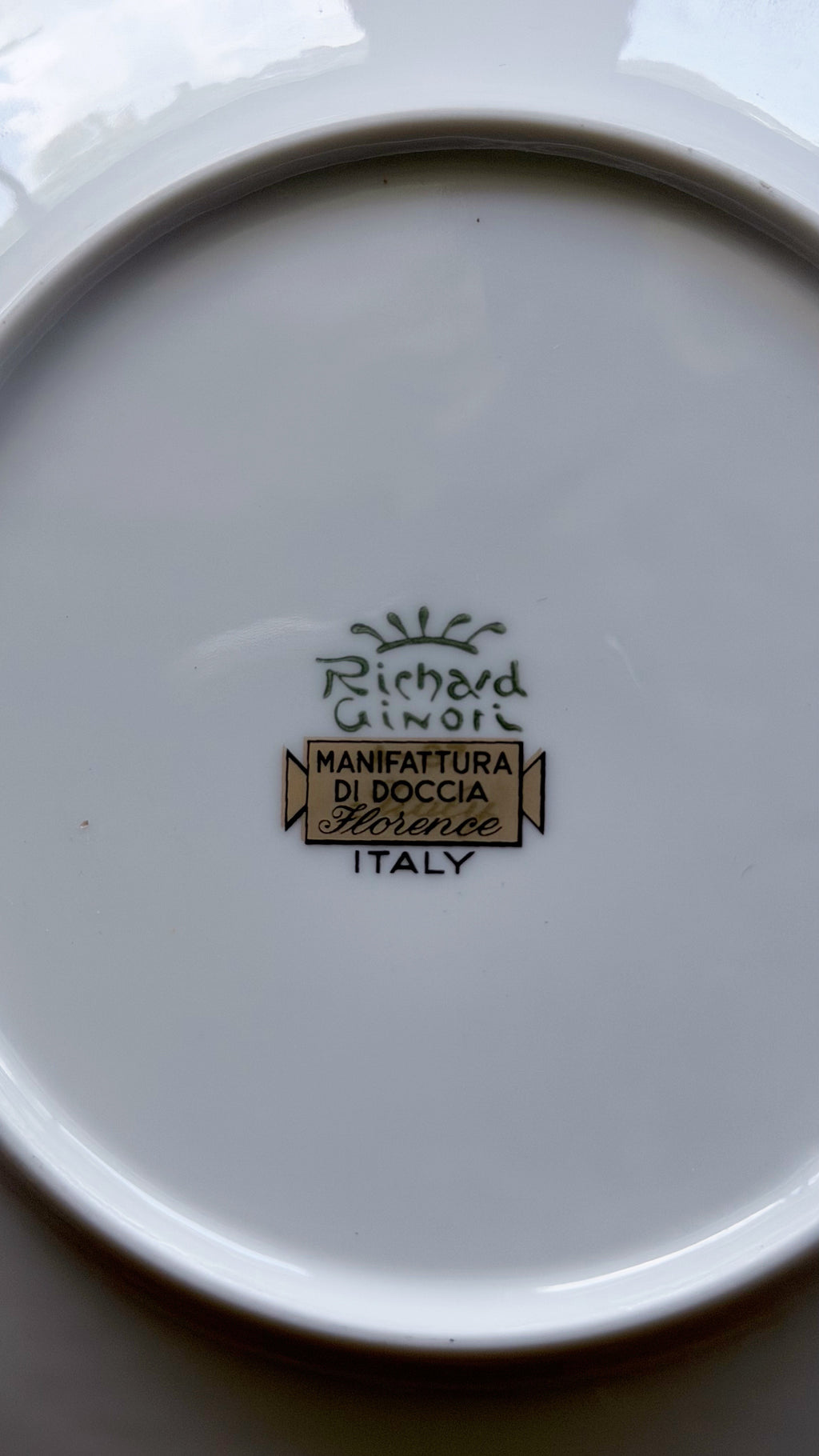 Close-up of the inside bottom of a white ceramic plate or dish, showing the printed Richard Ginori logo and 'Manifattura di Doccia Morinbre Italia' mark in the center.