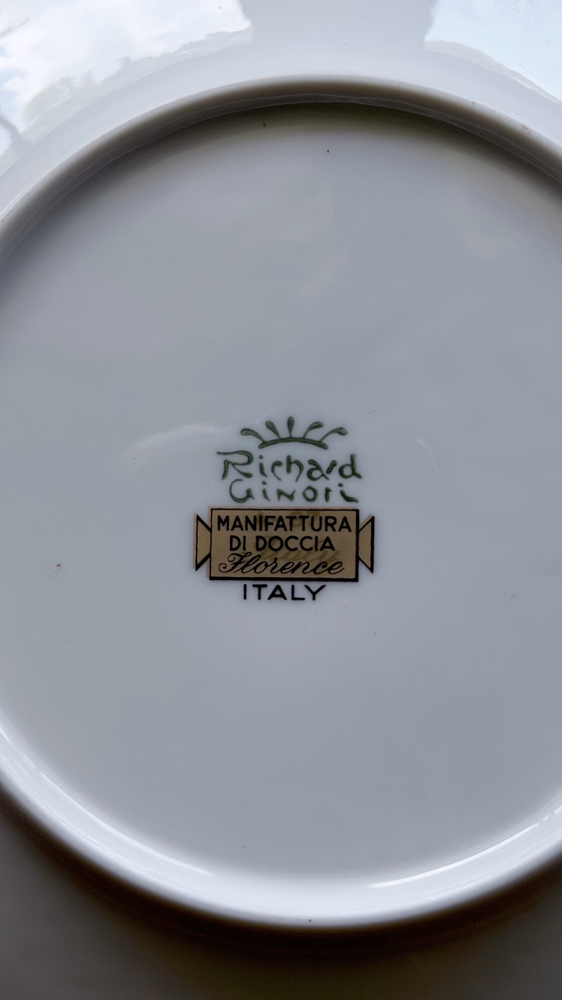 Close-up of the inside bottom of a white ceramic plate or dish, showing the printed Richard Ginori logo and 'Manifattura di Doccia Morinbre Italia' mark in the center.