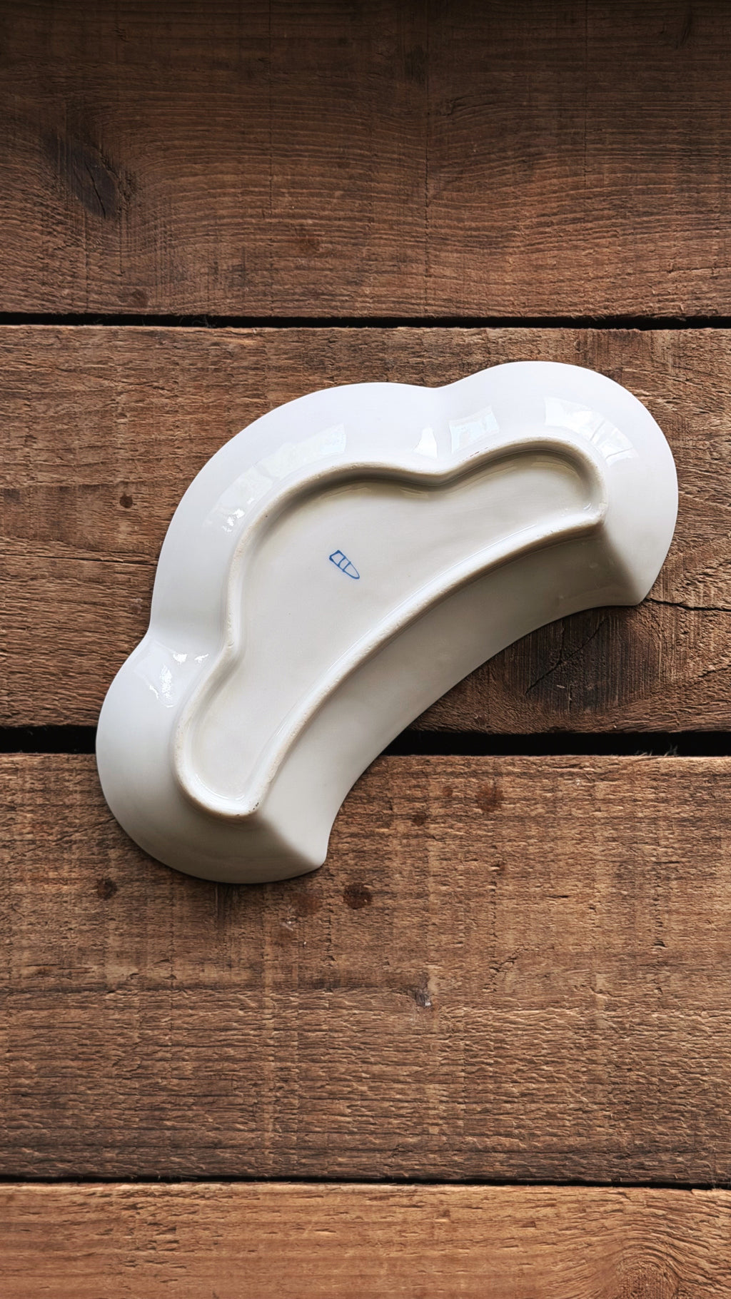 A Vintage Royal Vienna Hand Painted Bone Dish with a curved, cloud-like shape, photographed from above on a rustic brown wooden plank surface.