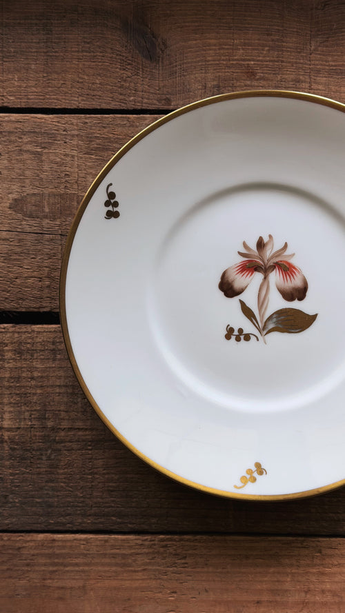 A Vintage Royal Copenhagen Brown Iris Salad Plate with a gold rim and a delicate floral illustration, displayed on a rustic dark wood background.