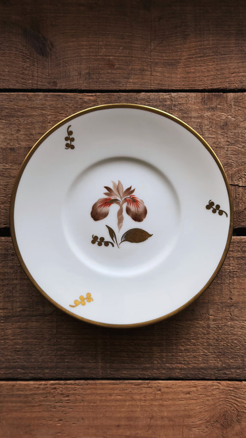 Vintage Royal Copenhagen Brown Iris Bread and Butter Plate with a gold rim and a central floral illustration, displayed on a rustic dark wood background.
