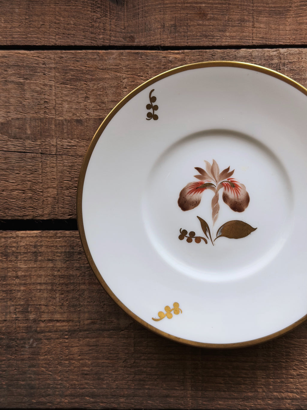 A Vintage Royal Copenhagen Brown Iris Bread and Butter Plate with a gold rim and a central floral design, photographed from above on a rustic dark wood background.