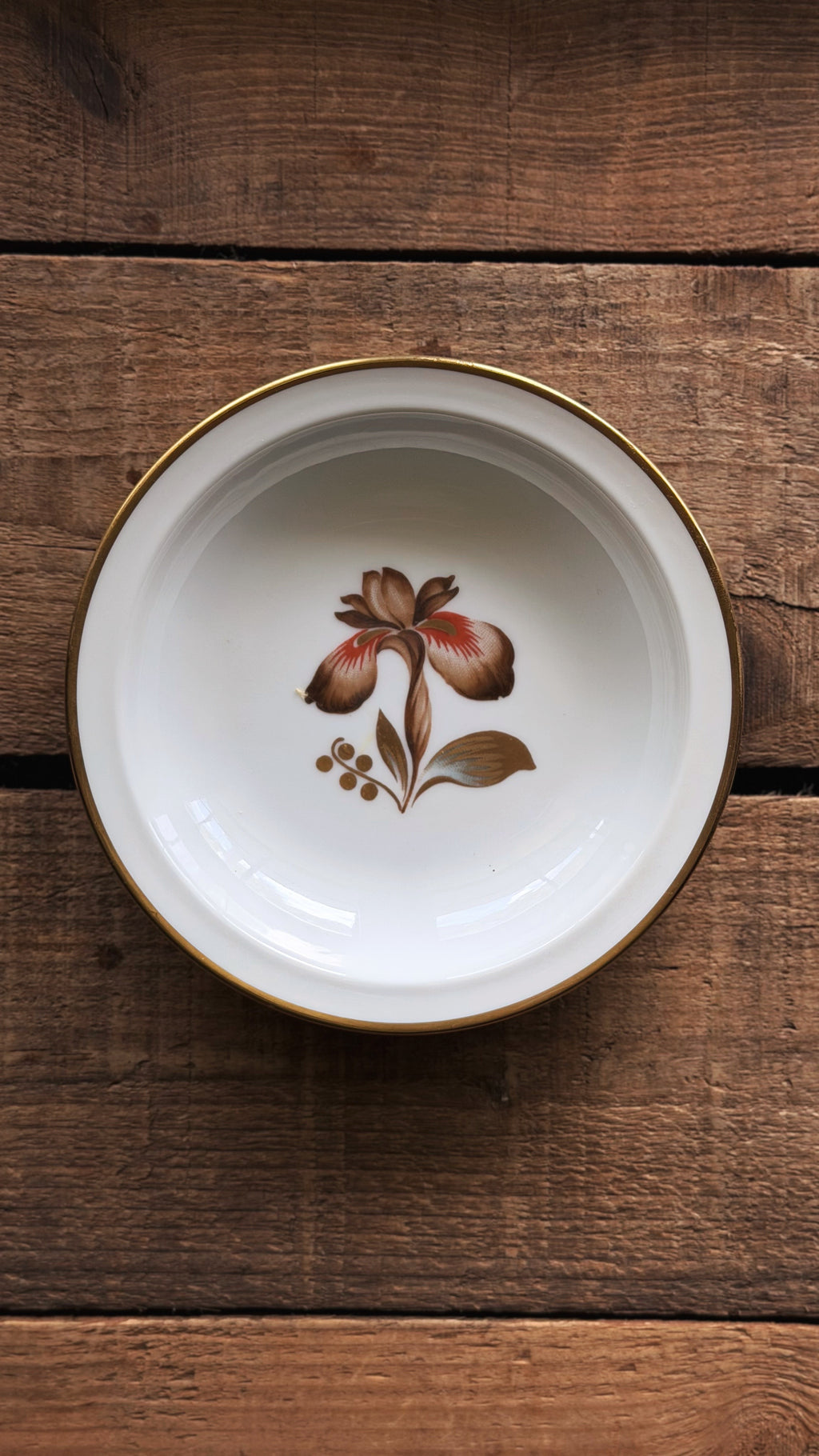 A Vintage Royal Copenhagen Brown Iris Fruit Bowl with a gold rim and a central floral illustration, photographed from above on a rustic dark wood background.