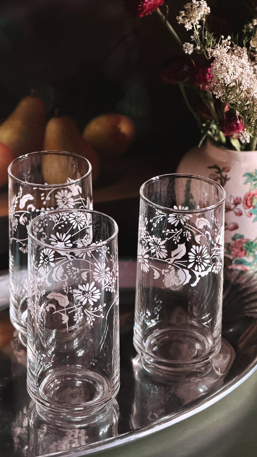 overhead view of a Set of 4 Vintage White Floral Highball Glasses