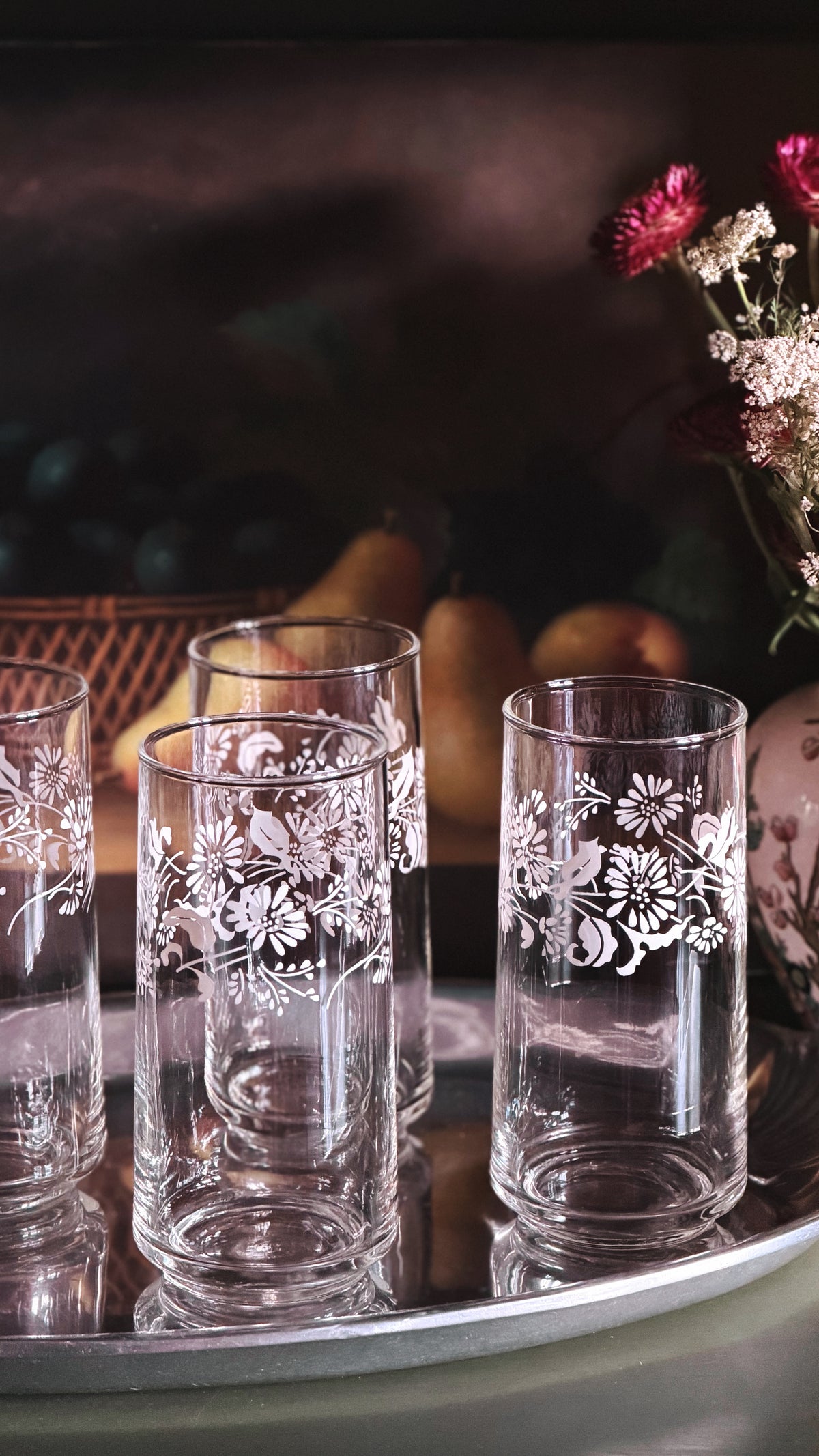Set of 4 Vintage White Floral Highball Glasses on a silver tray