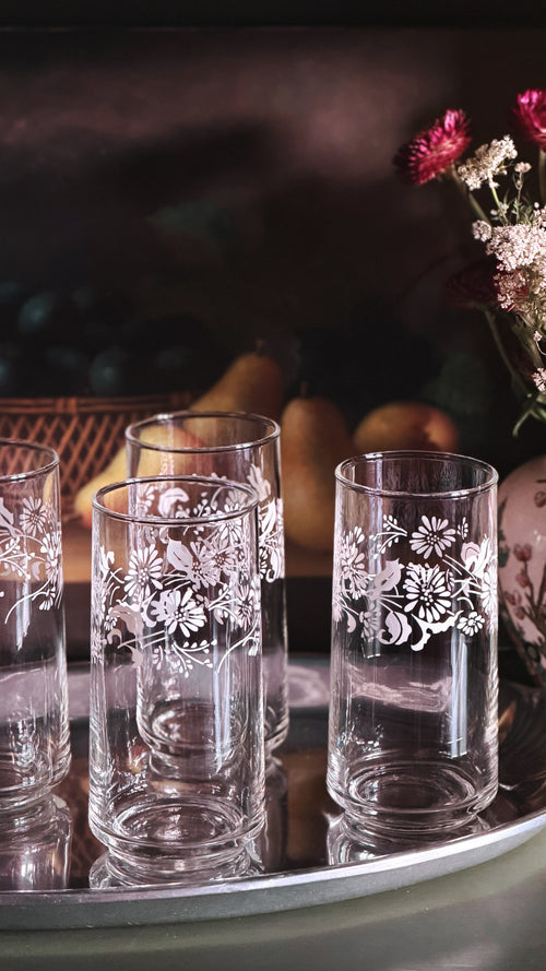 Set of 4 Vintage White Floral Highball Glasses on a silver tray