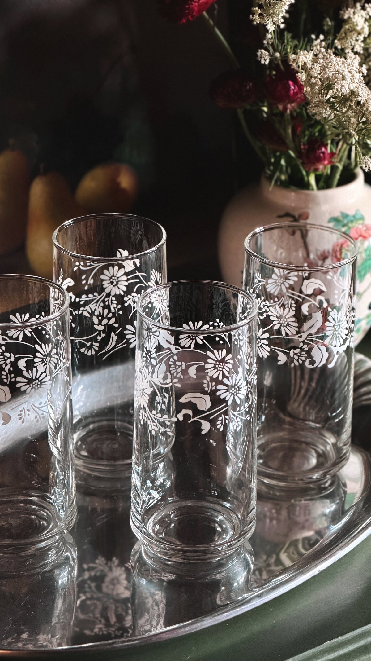 Set of 4 Vintage White Floral Highball Glasses