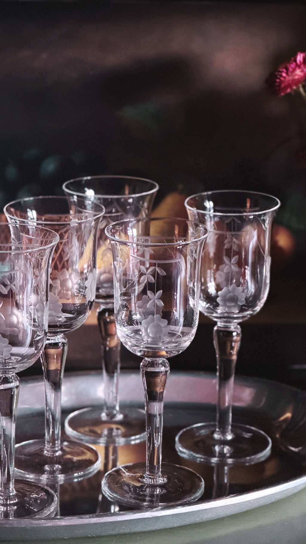 Vintage Etched Crystal Tulip Wine Glasses  on a silver tray