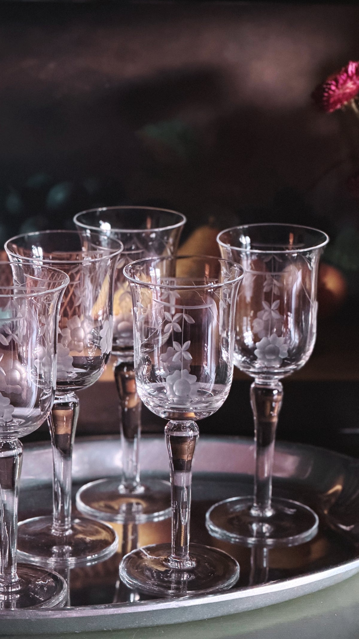 Vintage Etched Crystal Tulip Wine Glasses  on a silver tray