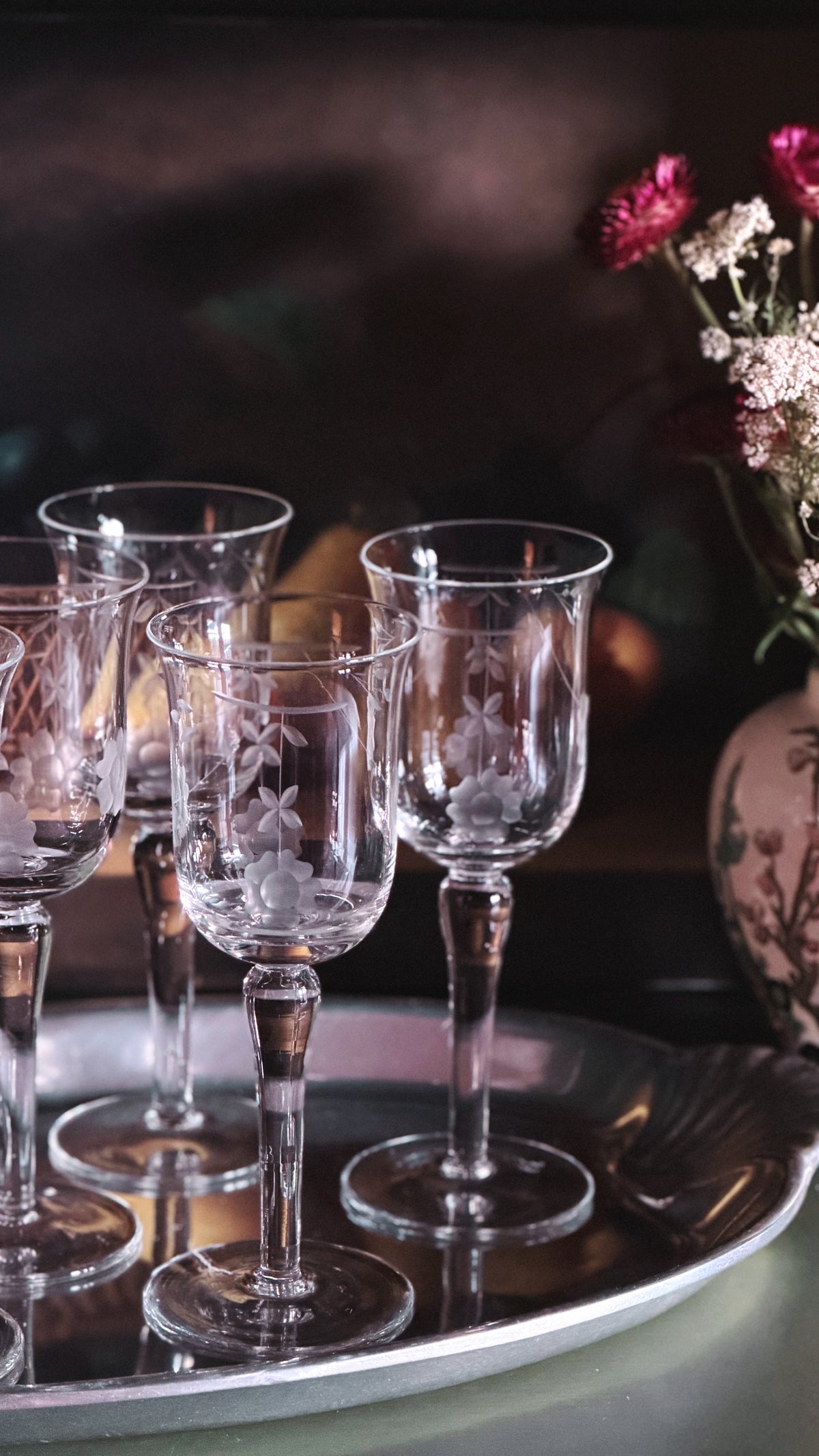 A set of Vintage Etched Crystal Tulip Wine Glasses