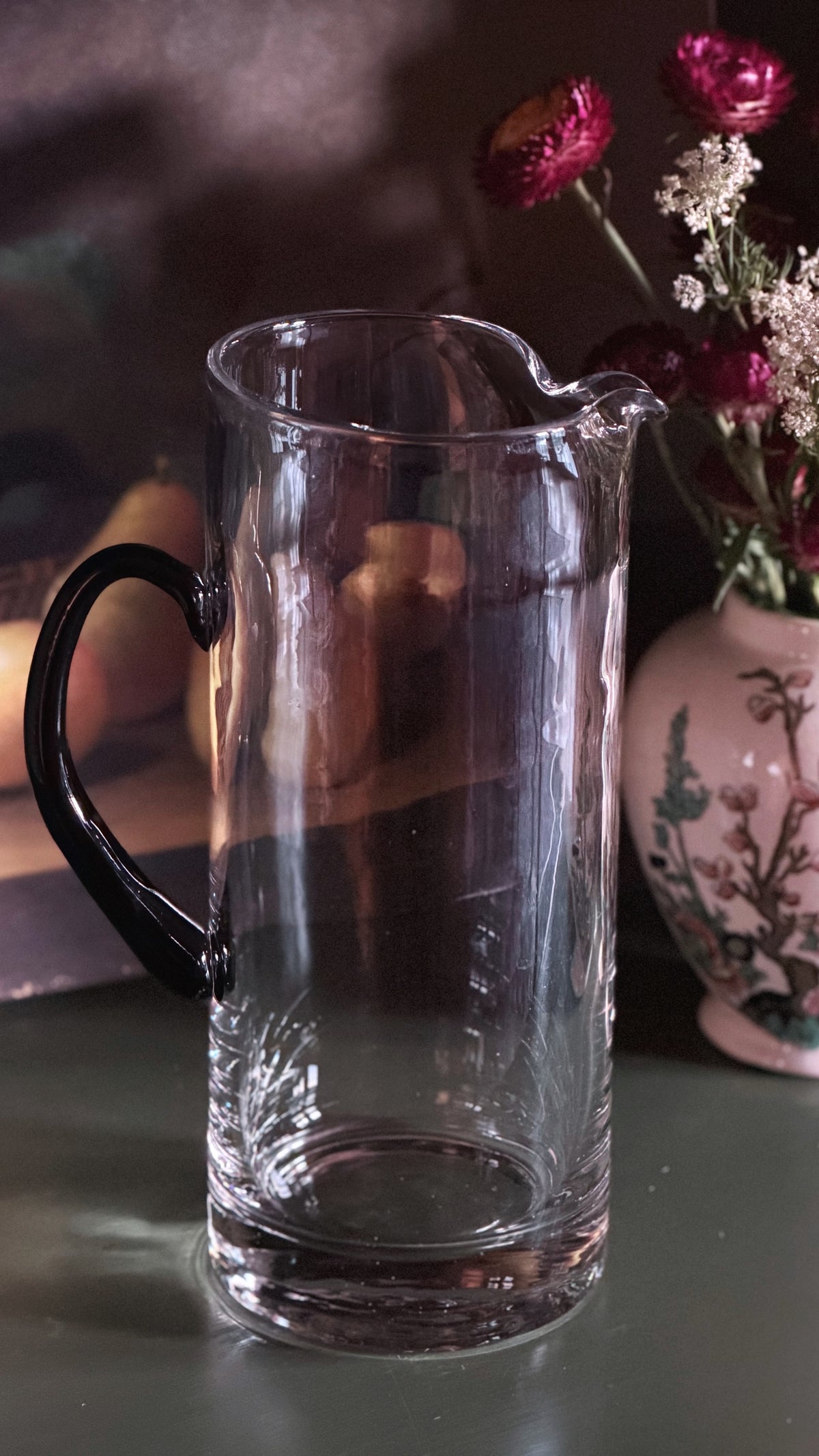 Vintage Clear Glass Pitcher with Black Handle