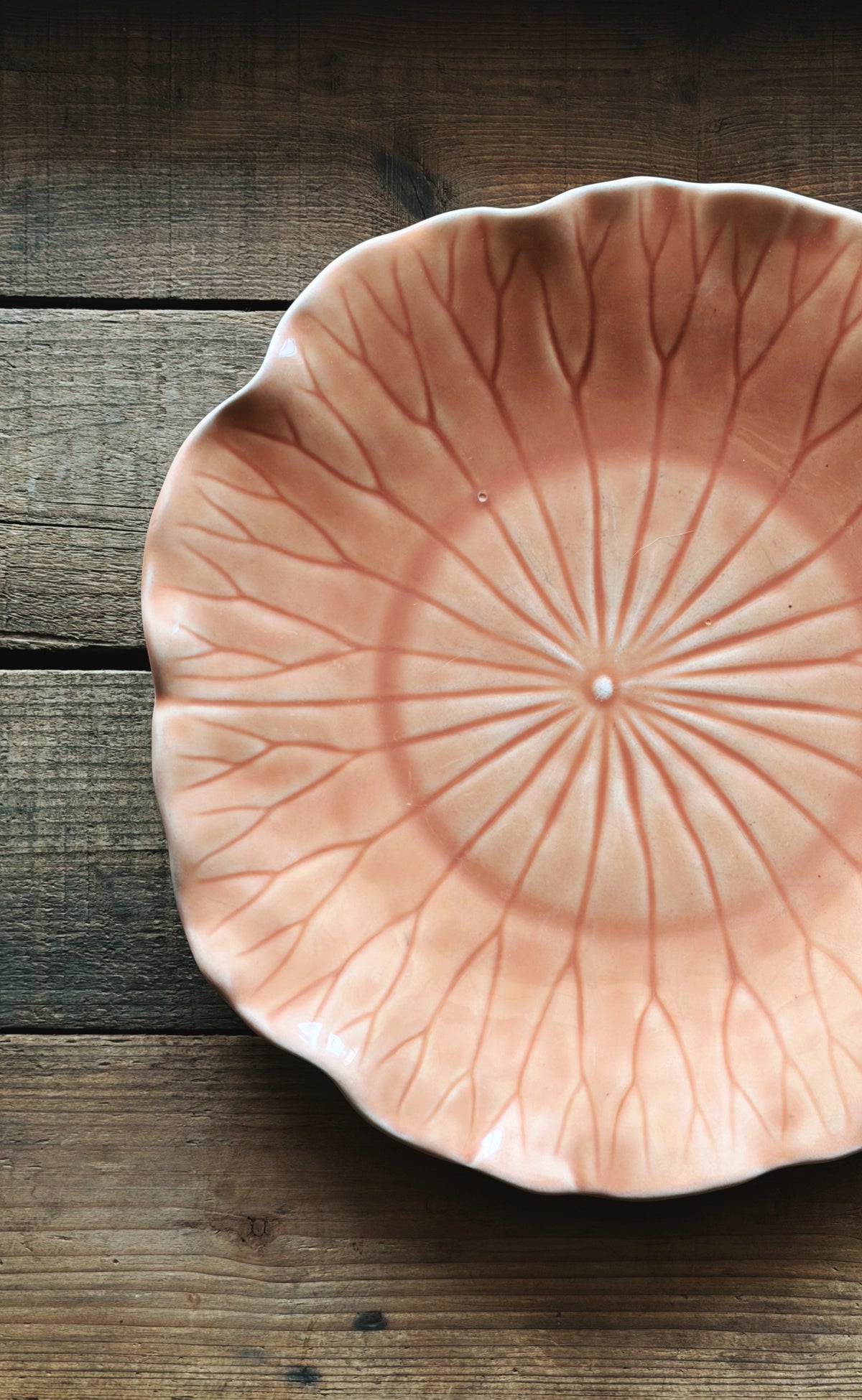 A Metlox Vernon Ware Lotus Apricot Dinner Plate with a lotus leaf design, shown from a top-down perspective on a rustic dark wood background.
