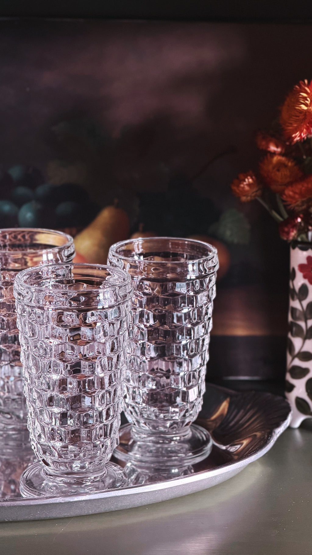 Set of 4 Vintage Colony Whitehall Clear Iced Tea Glasses on a silver serving tray.
