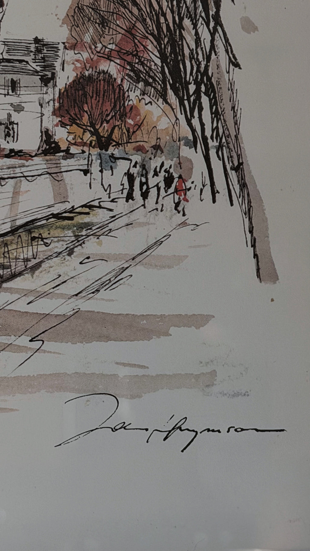 A watercolor and ink sketch of a street scene with trees, pedestrians, and a house, signed John Haymson in black script at the bottom on an off-white background.