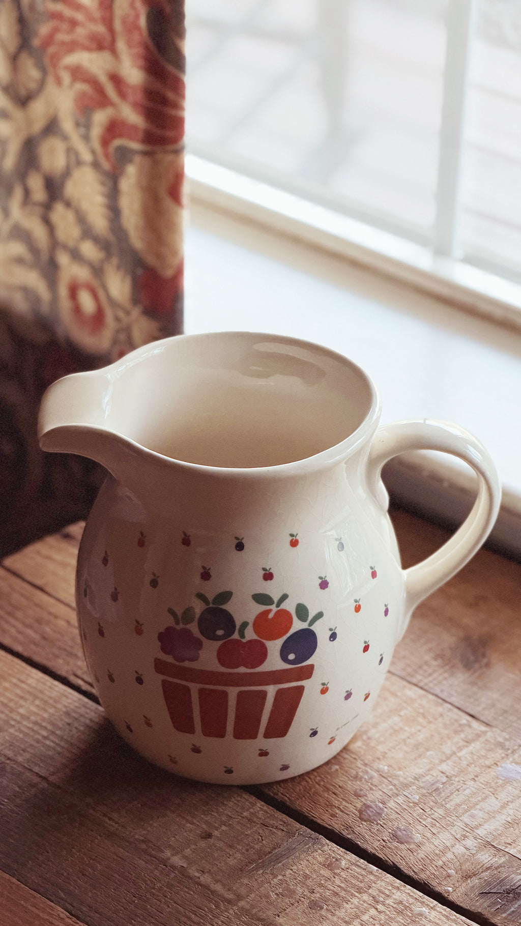 Vintage New Avenues Orchard Stoneware Pitcher | 1984 Fruit Basket Design