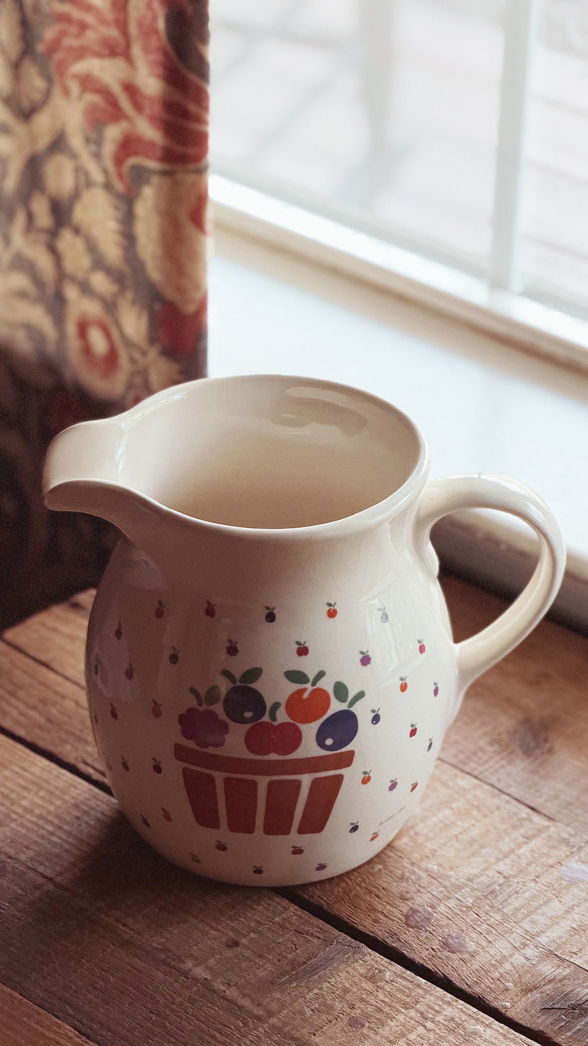 Vintage New Avenues Orchard Stoneware Pitcher | 1984 Fruit Basket Design