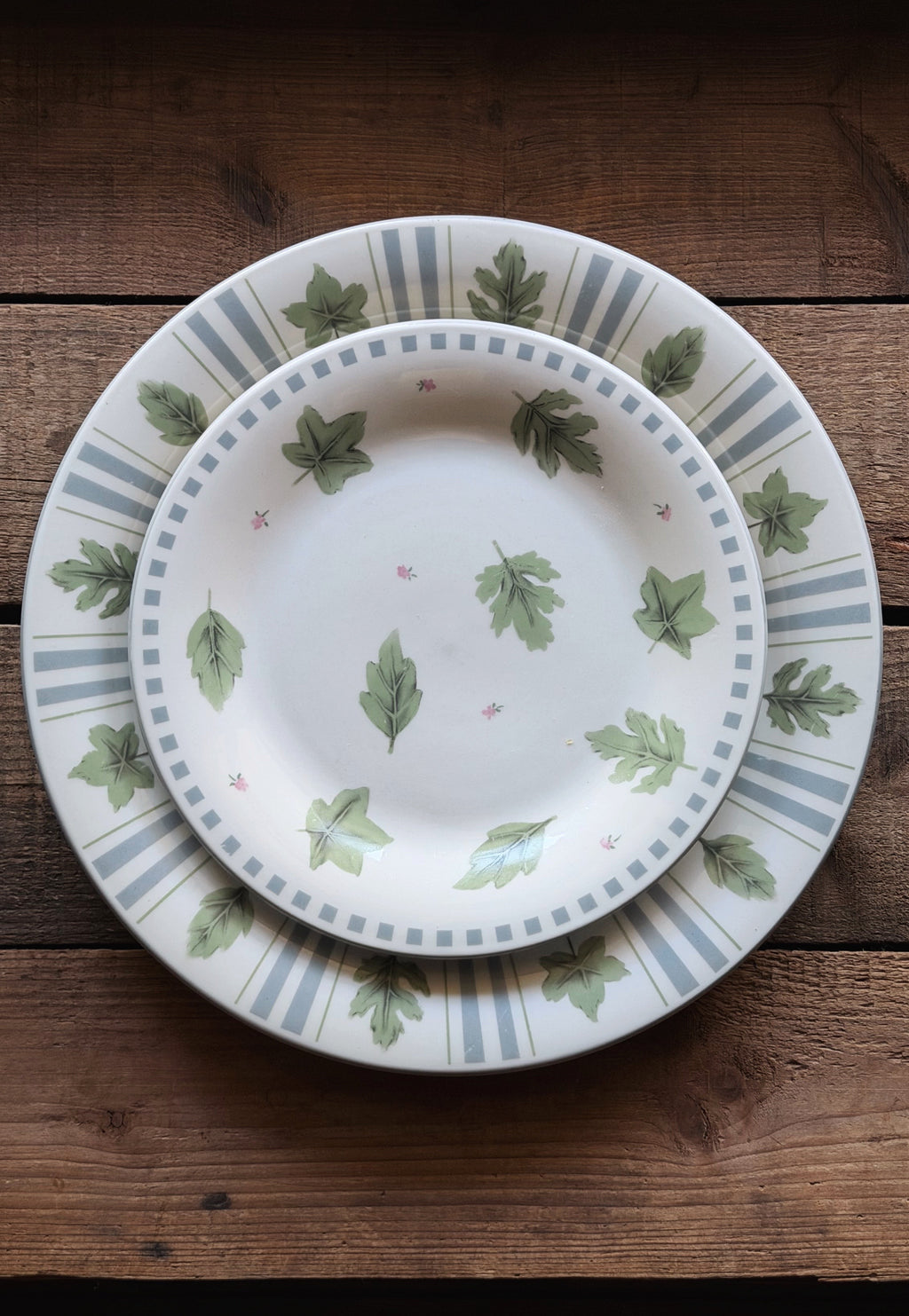 A set of two ceramic plates stacked on a rustic dark wood background. The smaller plate is centered on a larger charger plate, both decorated with a pattern of green oak leaves, delicate pink stars, and blue-gray vertical stripes.