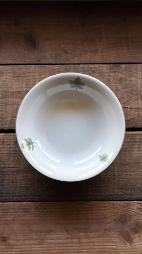 A white ceramic bowl with small green leaf accents on the rim, photographed from above on a rustic dark wood plank surface.