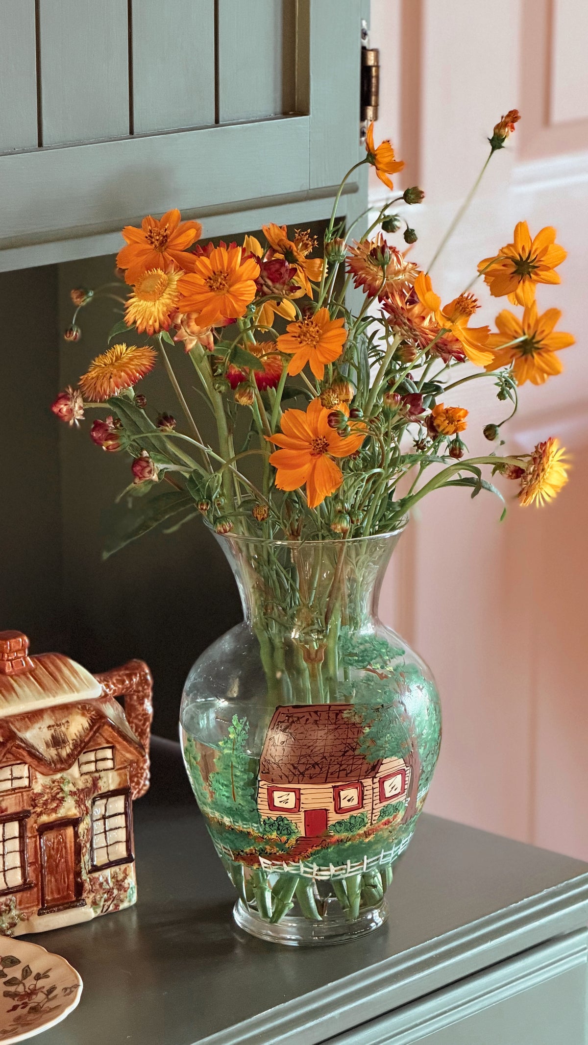 Vintage Hand Painted Glass Vase with Cottage Scene | Signed