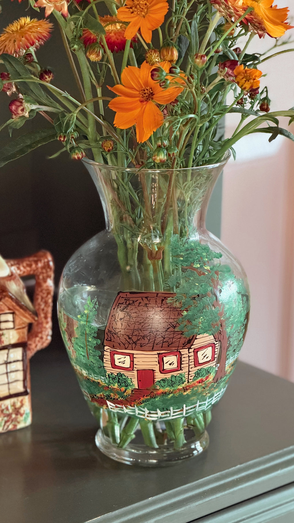 Vintage Hand Painted Glass Vase with Cottage Scene | Signed
