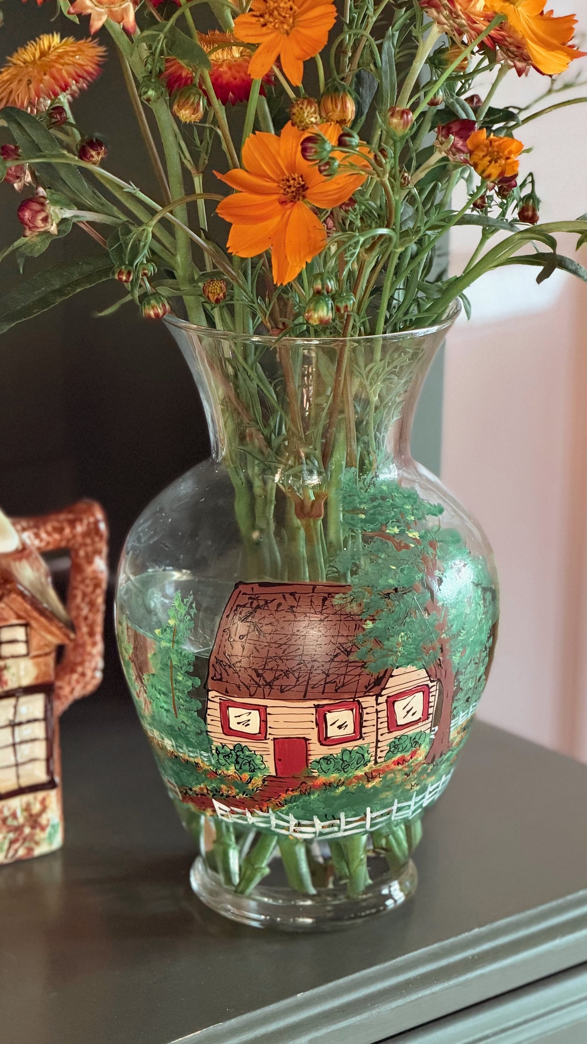 Vintage Hand Painted Glass Vase with Cottage Scene | Signed