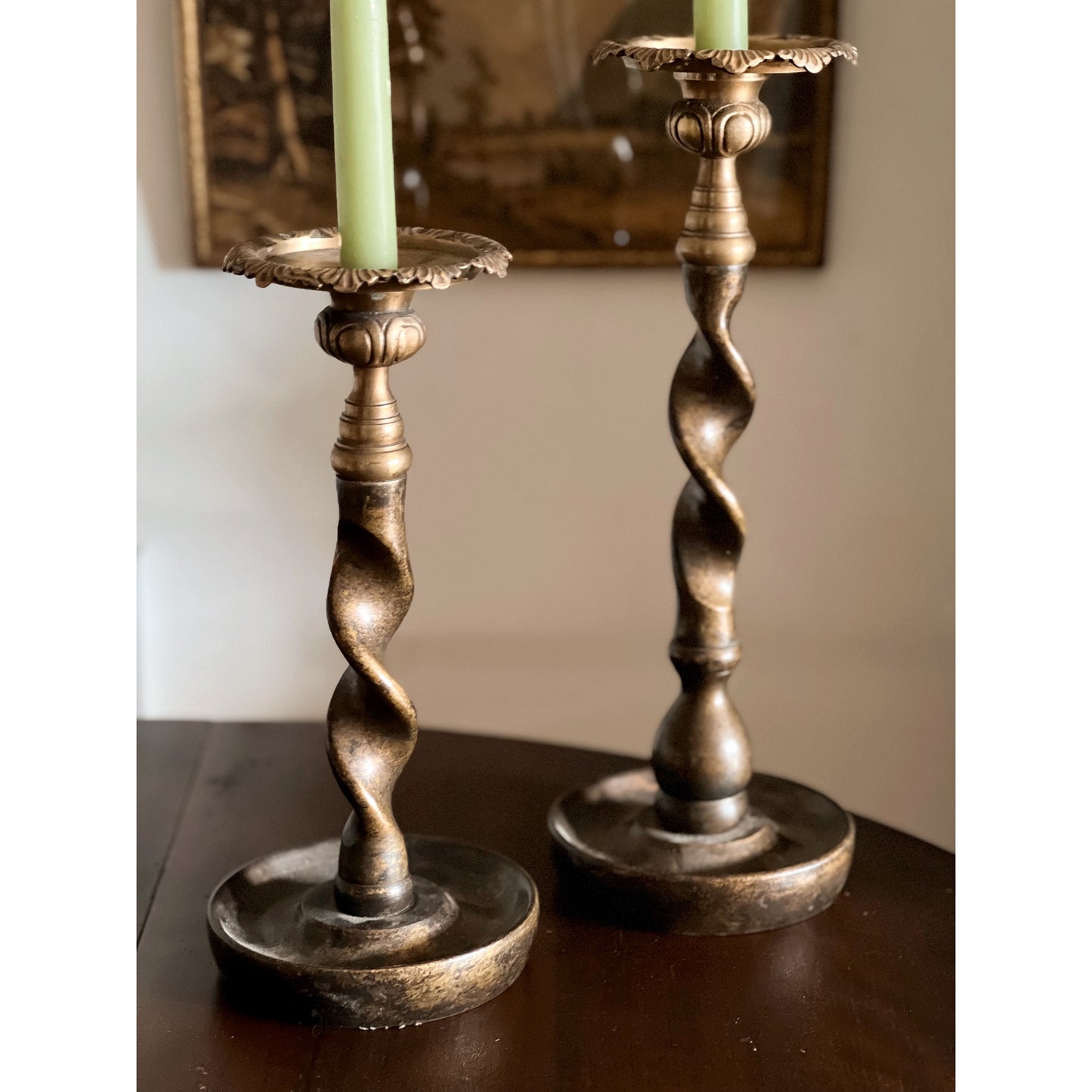 Pair of Vintage Brass & Bronze Barley Twist Candleholders