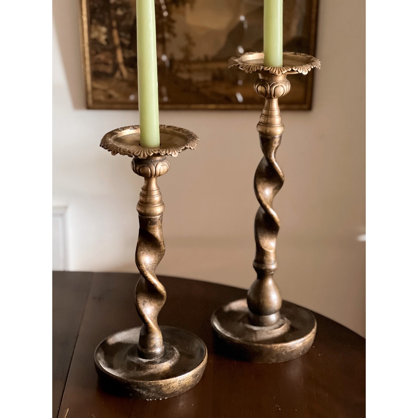 Pair of Vintage Brass & Bronze Barley Twist Candleholders