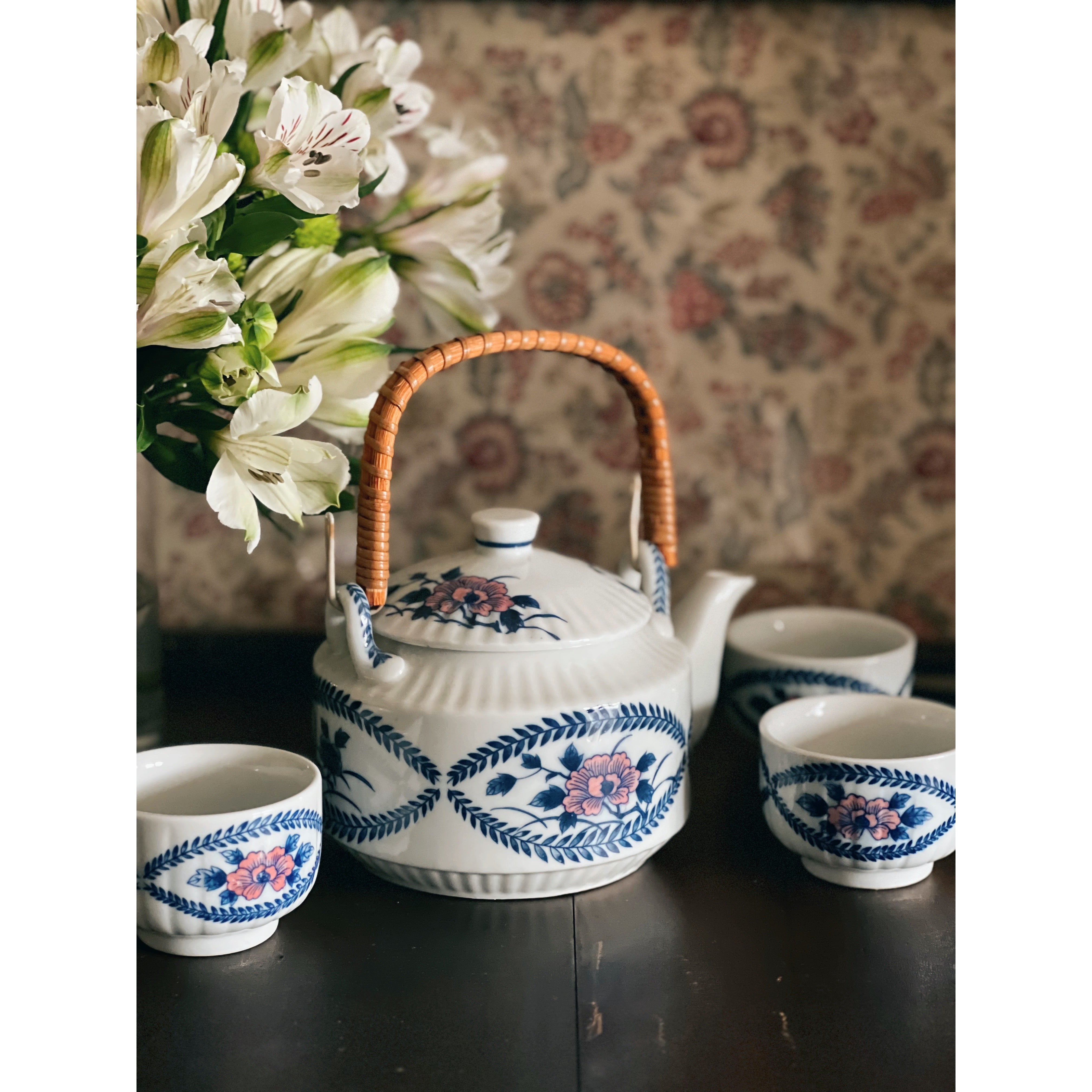 Vintage Porcelain Teapot with Rattan Handle and Set of 3 Matching Cups feastvintage