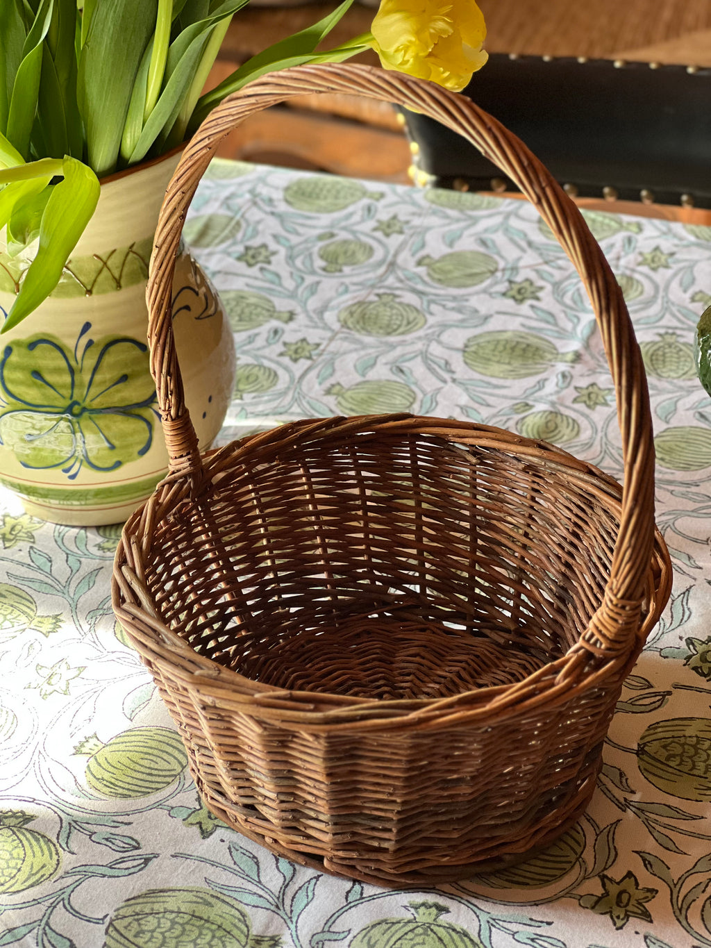 Round Vintage Woven Willow Basket with Handle